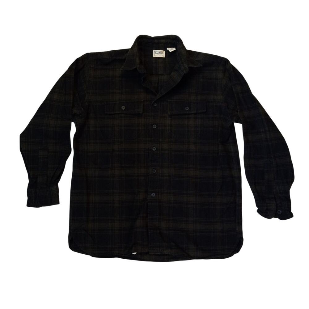 L.L.Bean black green plaid heavy cotton mens‎ long sleeve button shirt SIZE L
